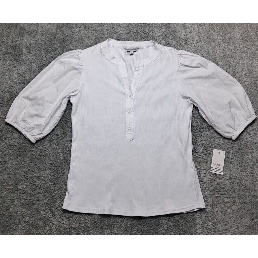 New Ophelia Roe Blouse Shirt Womens Sz Large Pullover V-Neck Puffy SleevesRibbed
